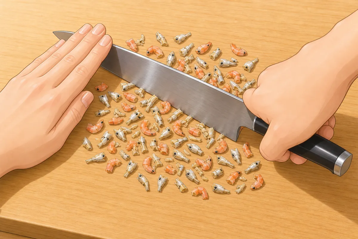 Your additions: chop the dried anchovies and shrimp finely with a knife.