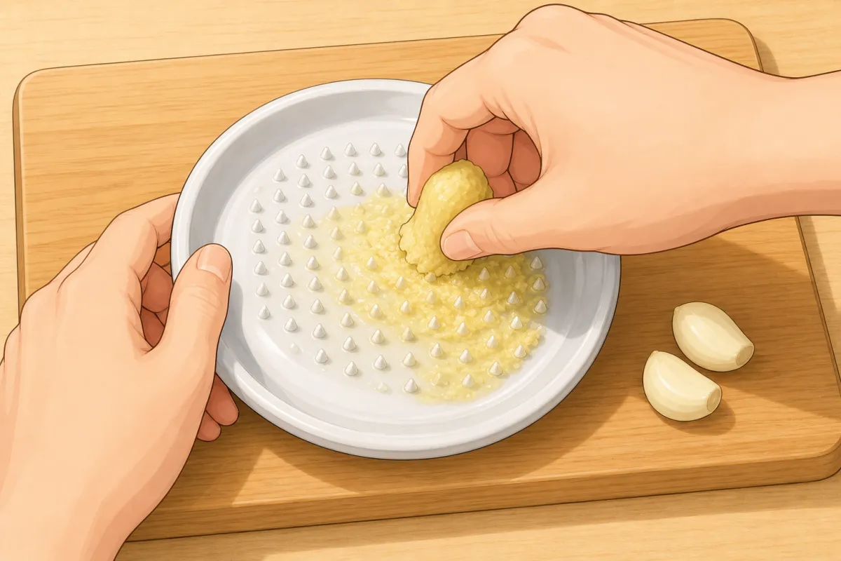 Grate the garlic and ginger on a ceramic grater, rubbing in small circles.