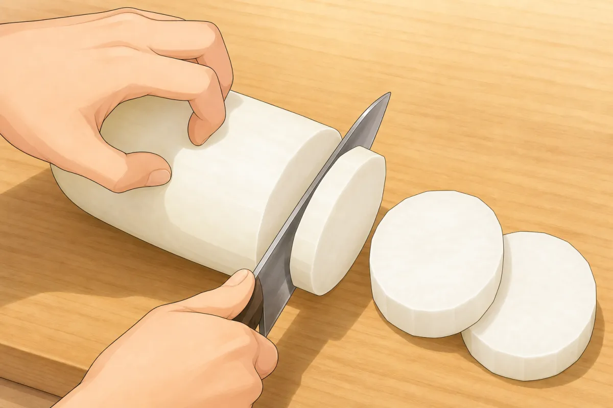 Peel the radish, then cut it into 3 cm thick slabs.