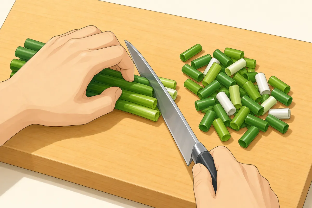 Cut the green onions about 2 cm long.