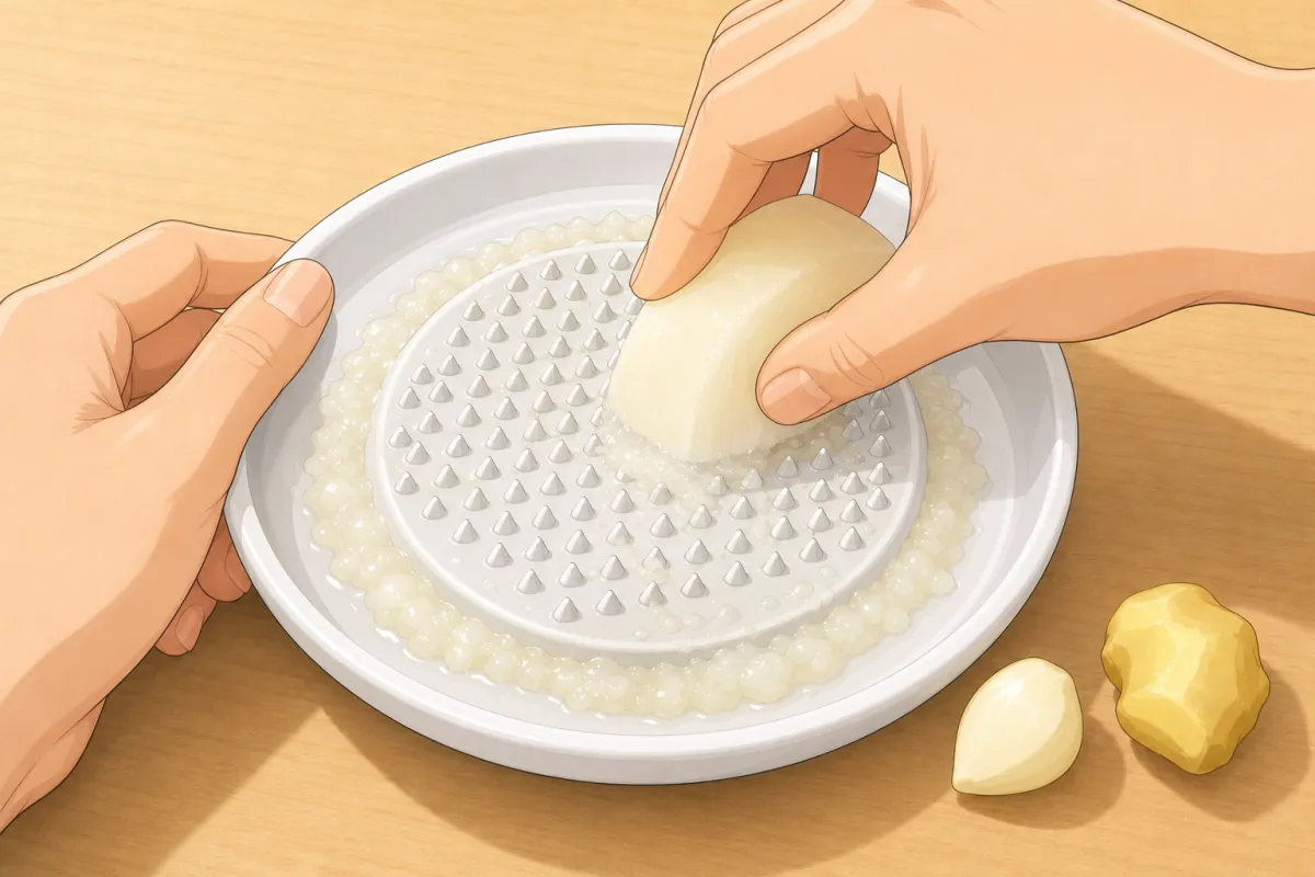 Grate the garlic, ginger and pear on a ceramic grater.
