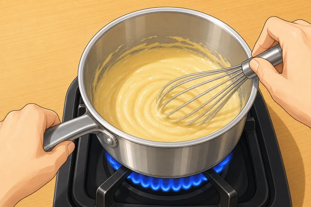 Whisk the flour into the butter and cook 1–2 minutes, pale blond, no browning.