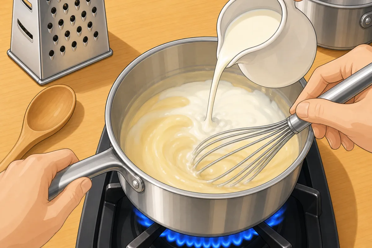 Whisk the warm milk in a splash at a time.
