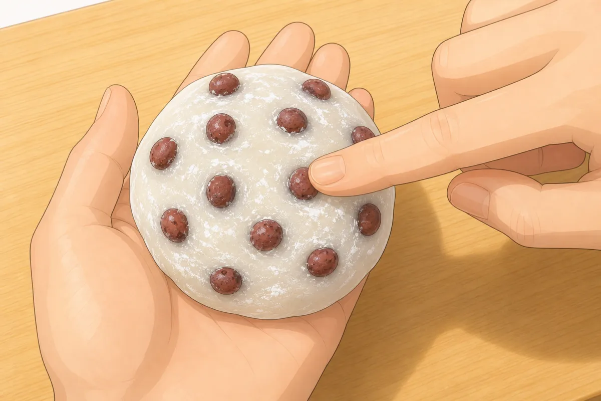 Press a few saved peas into the bare side, then wrap the anko.