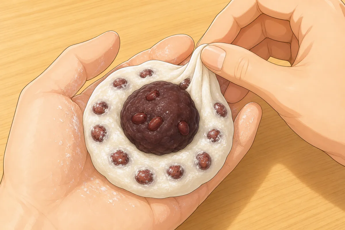 Anko ball in the middle; pleat the edge up over it and pinch shut.