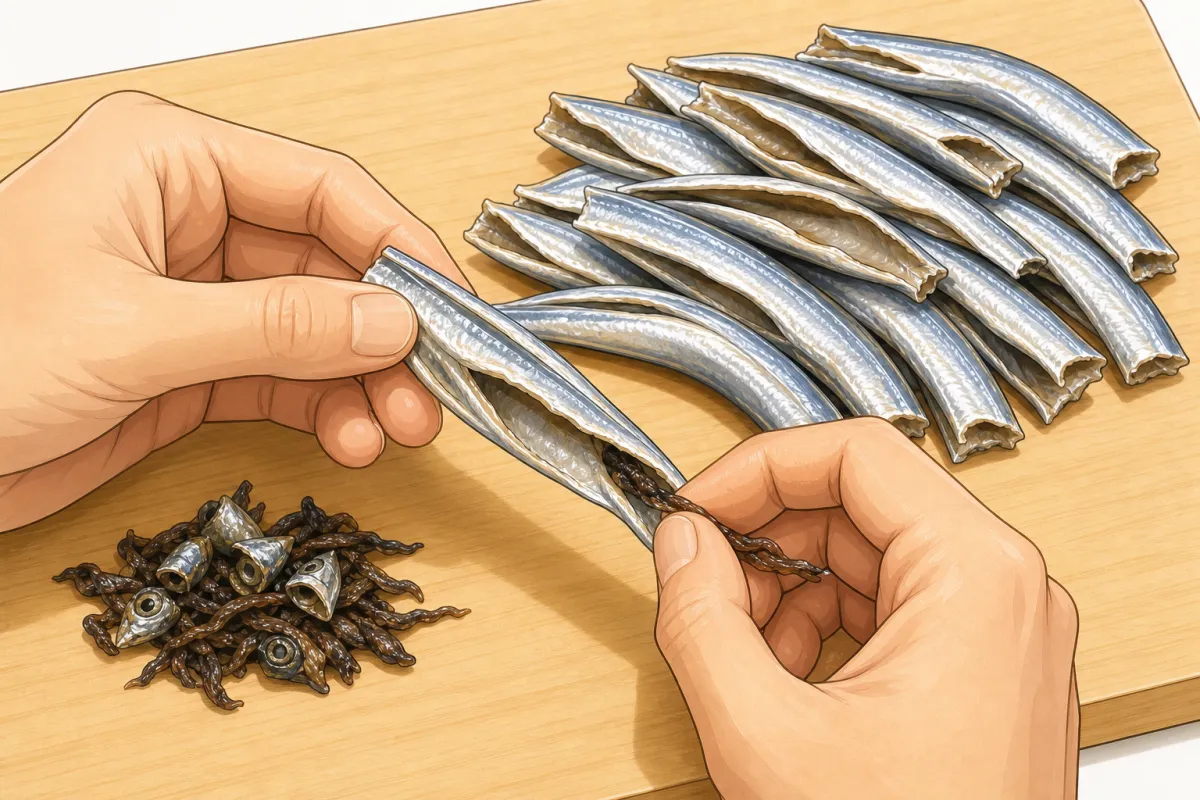 Split the belly with your thumbnail and pull out the dark guts — they make the dashi bitter.