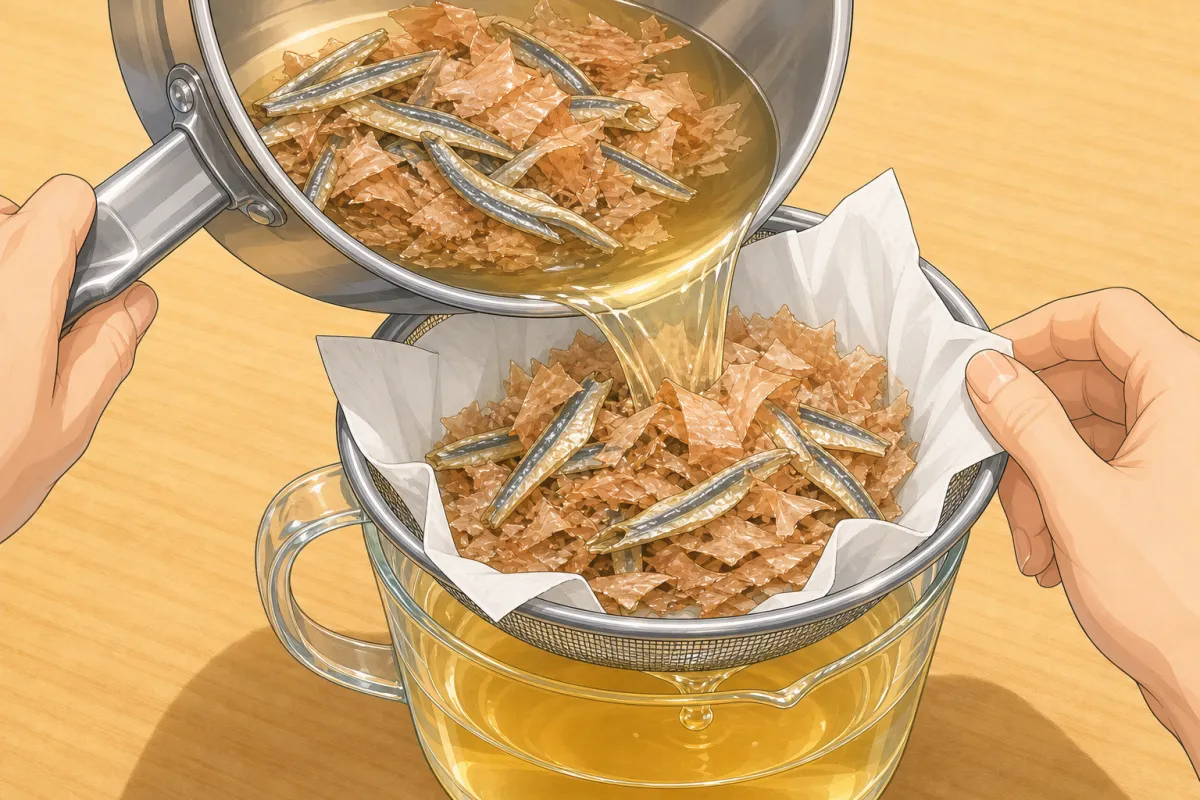 Pour through the lined sieve and let it drip — don't press the flakes.