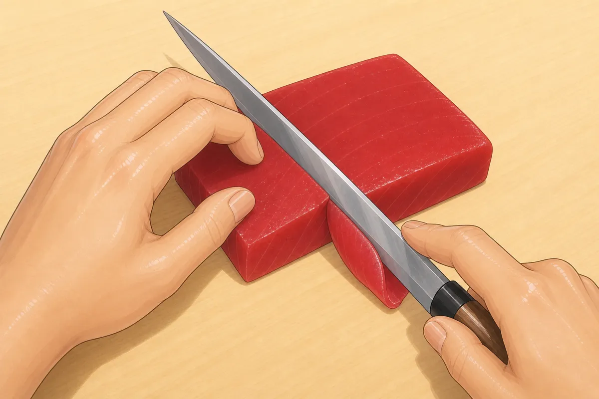 Tilt the knife 30–45°, heel on the far edge, one long pull towards you.