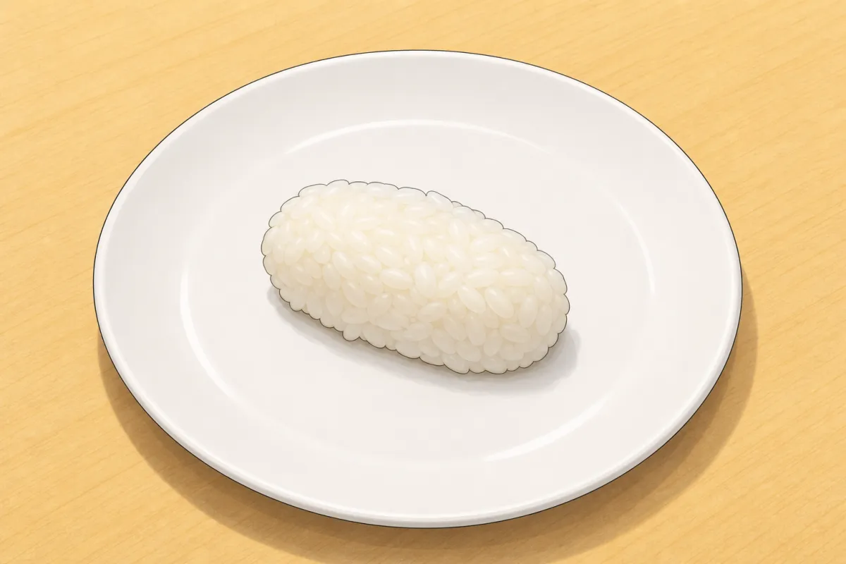 Right hand: a loose oblong of rice