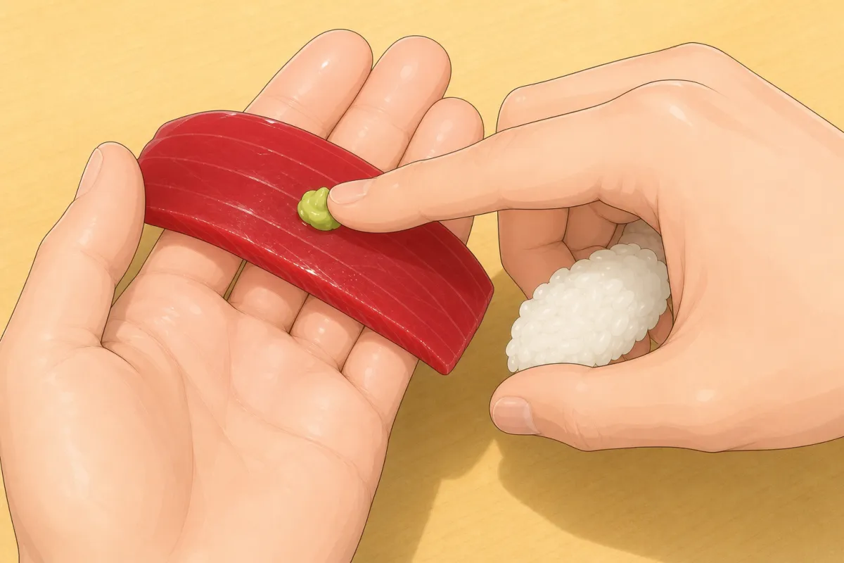 Right index finger: a pea of wasabi in the middle of the fish.
