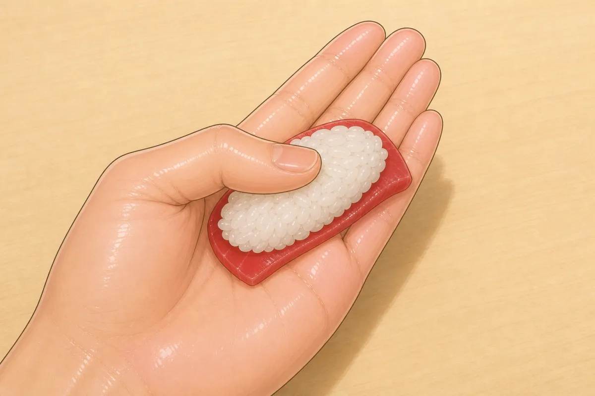 Right index and middle fingers lie along the rice and press down; the left fingers curl.