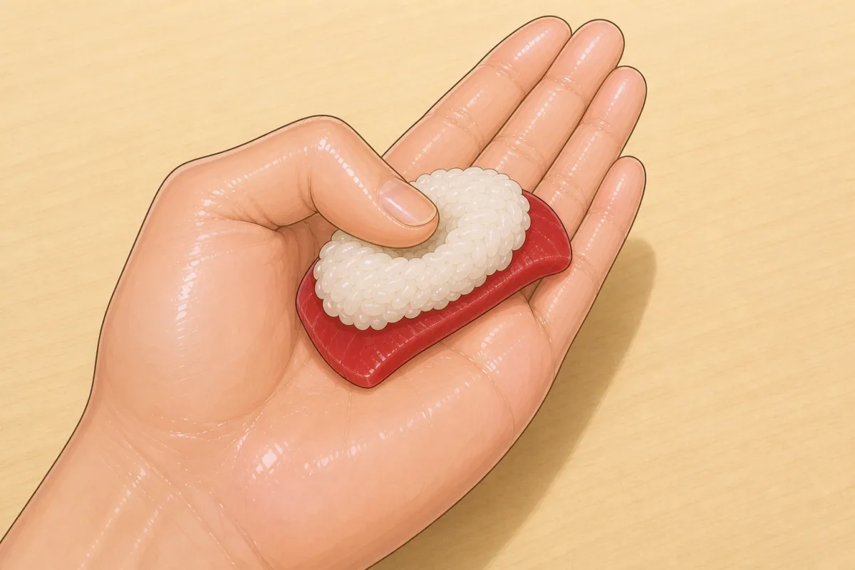 Open the left fingers and roll the piece towards the fingertips — fish ends up on top.