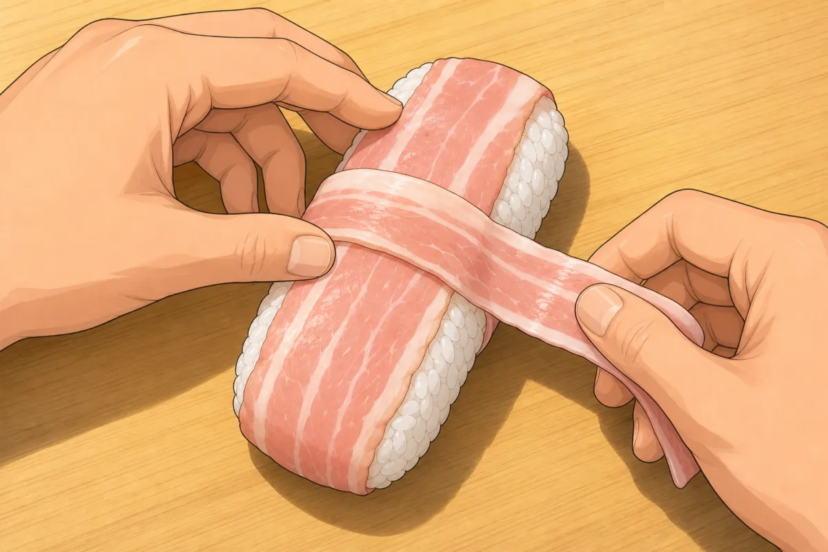 Wrap the trimmed piece and half a slice round the middle until no rice shows.