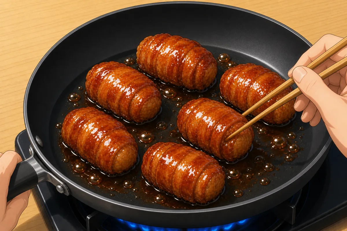 High heat, pour in the glaze and keep rolling until it's thick and sticky.