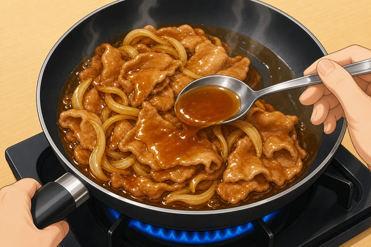Pork back in, sauce over, spoon it over for about 2 minutes.