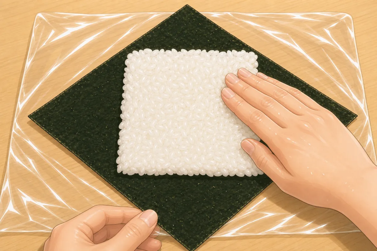 Spread the rice thin, into a square in the middle.