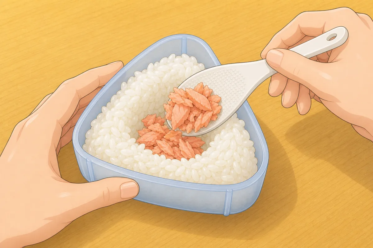 Example with salmon; use your chosen filling or leave it out for plain onigiri.
