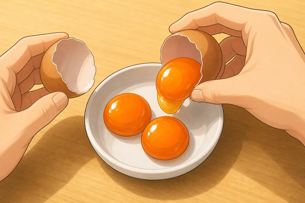 Slip each yolk in whole, then just cover with soy and mirin.