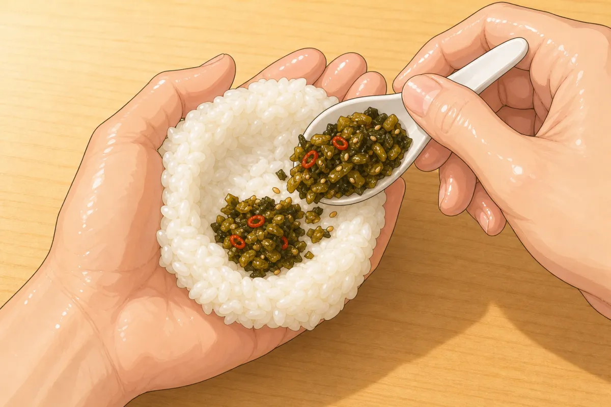 A heaped spoon in the well, rice closed loosely over it.