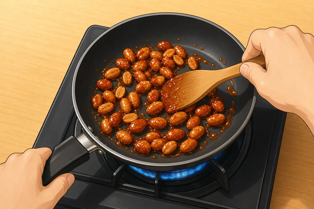 Toast the peanuts dry, then pour the miso mix over and stir until glossy.