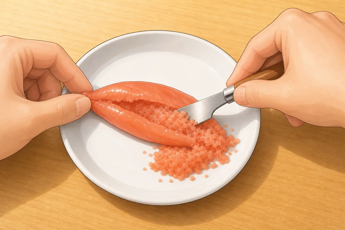 Slit the sac and scrape the roe out of its skin.