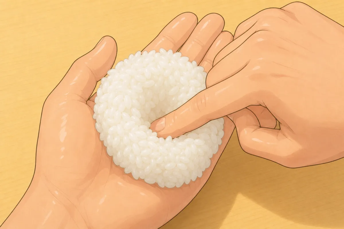 About 50 g of warm rice on your left palm; press a small well into the middle.