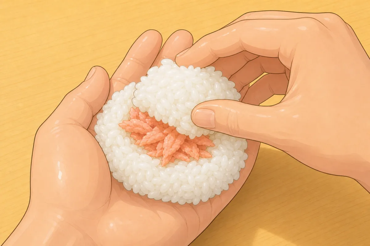 Example with salmon; use your chosen filling or leave it out for plain onigiri.
