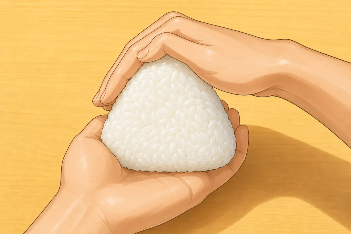 About 50 g of warm rice on your left palm; press a small well into the middle.