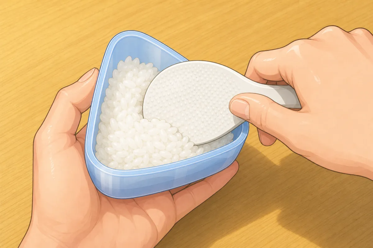 Rice and filling on plastic wrap in a bowl; gather and twist it shut, then press the triangle.