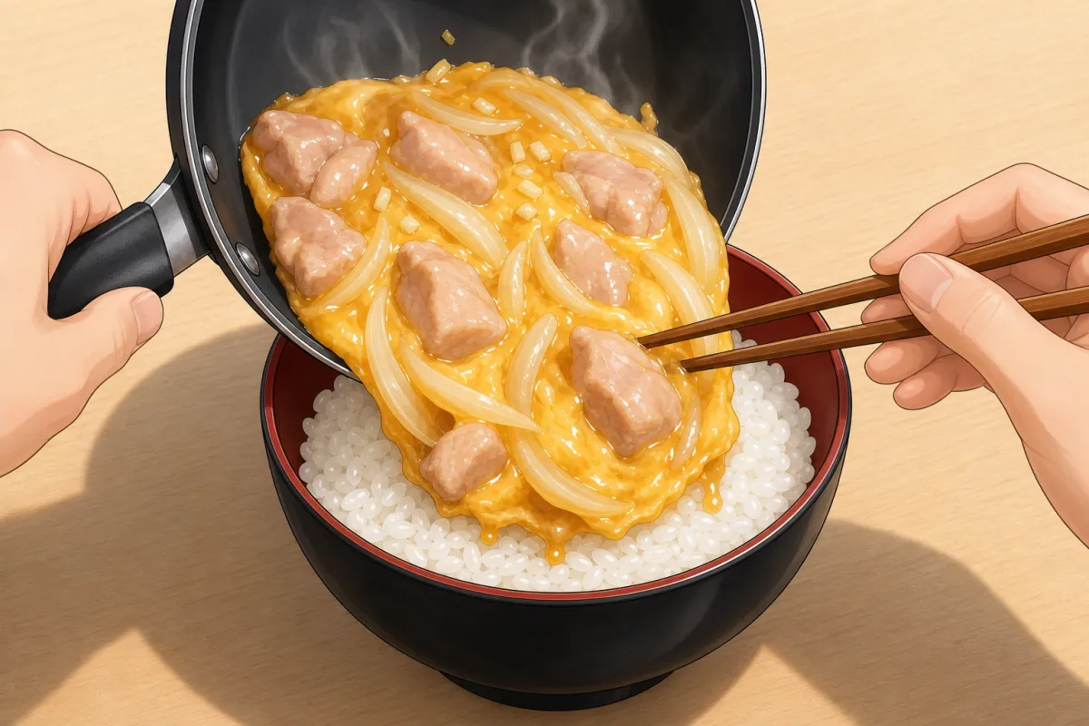 Tilt the pan over the rice and slide everything out in one go, broth included.