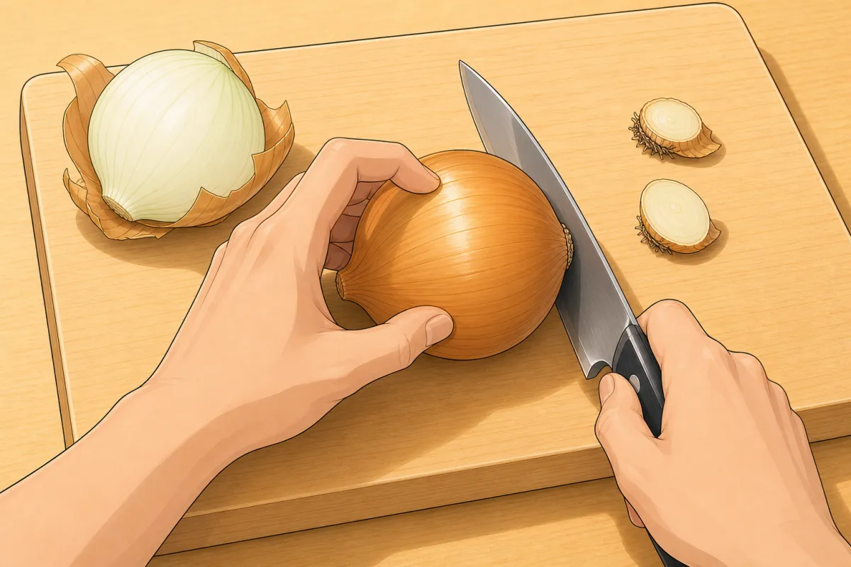 Onion: cut off both ends — root and tip — then halve it through the cut ends and peel.