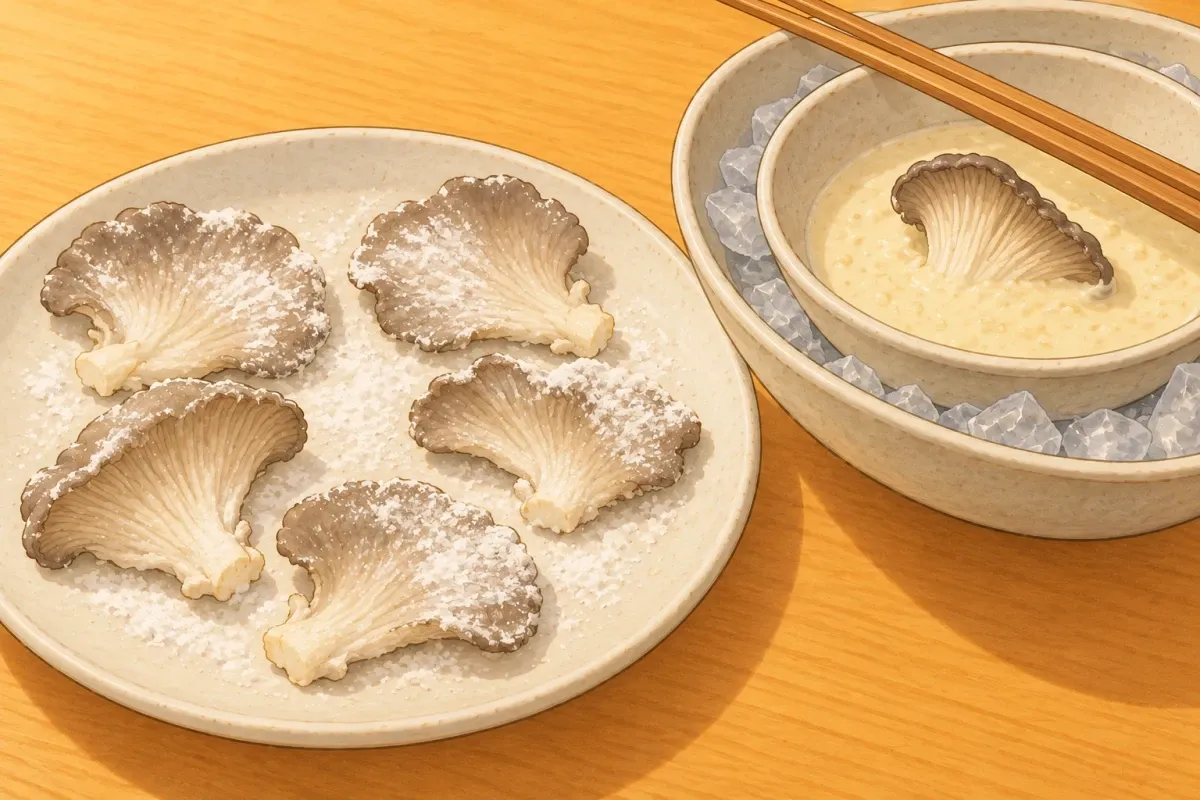 Mix cold batter; coat a few pieces