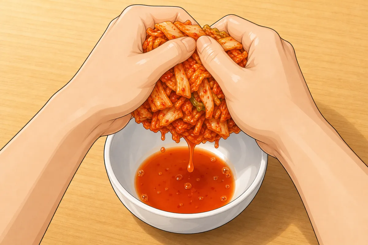 Squeeze the kimchi firmly over a bowl; excess liquid would soak the rice.