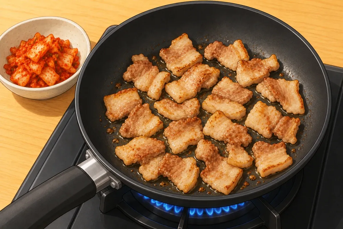 Brown the 2 cm pork-belly pieces in sesame oil over high heat for about 2 minutes, then add the squeezed kimchi.