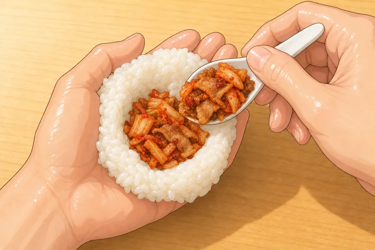 Dry pork kimchi in the well; keep the rice edges clear so they can close.