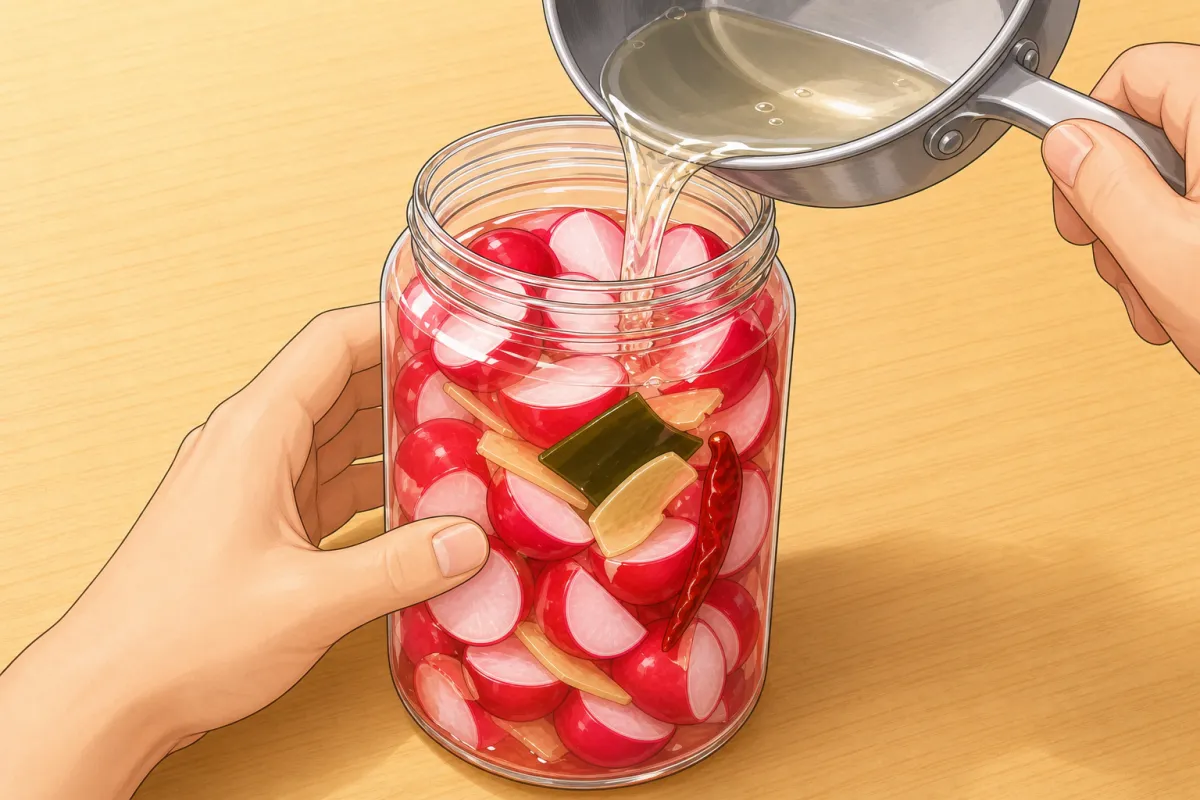 Pack the radishes into the jar, tuck in the kombu and chilli, then pour over the cooled brine until everything is submerged.