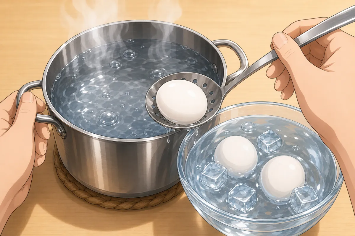 When the timer goes, lift the eggs into the iced water.