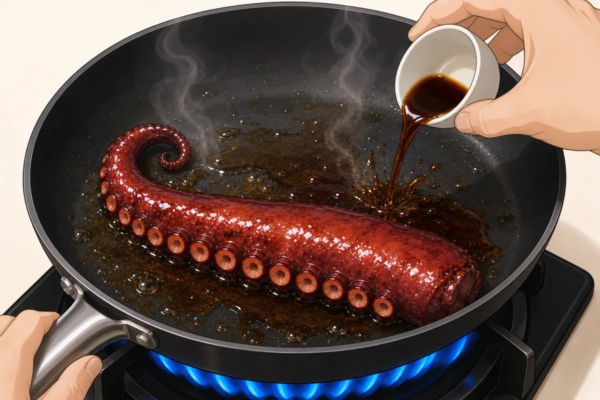 Sear the tentacle in a little oil, then add a splash of soy and turn until glazed and charred.