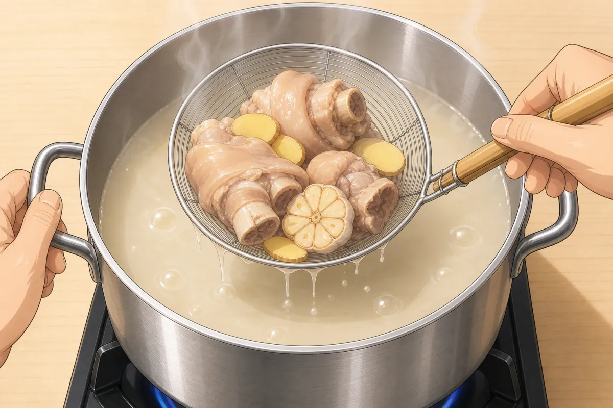 After 6–8 hours, lift the pork bones, ginger and garlic out.