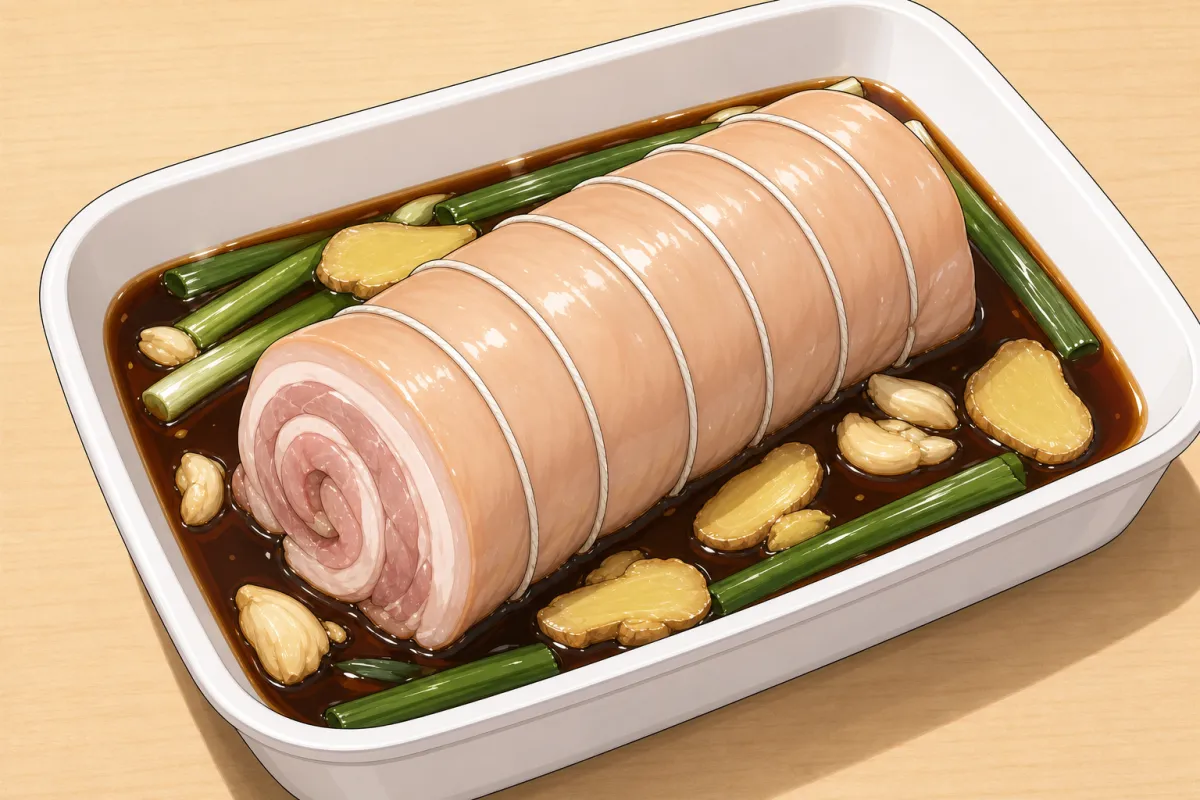 Roll, tie and marinate the belly