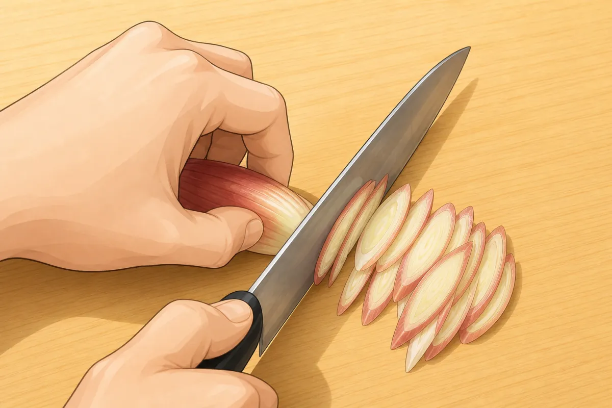 Halve the myoga lengthwise, slice it thinly.