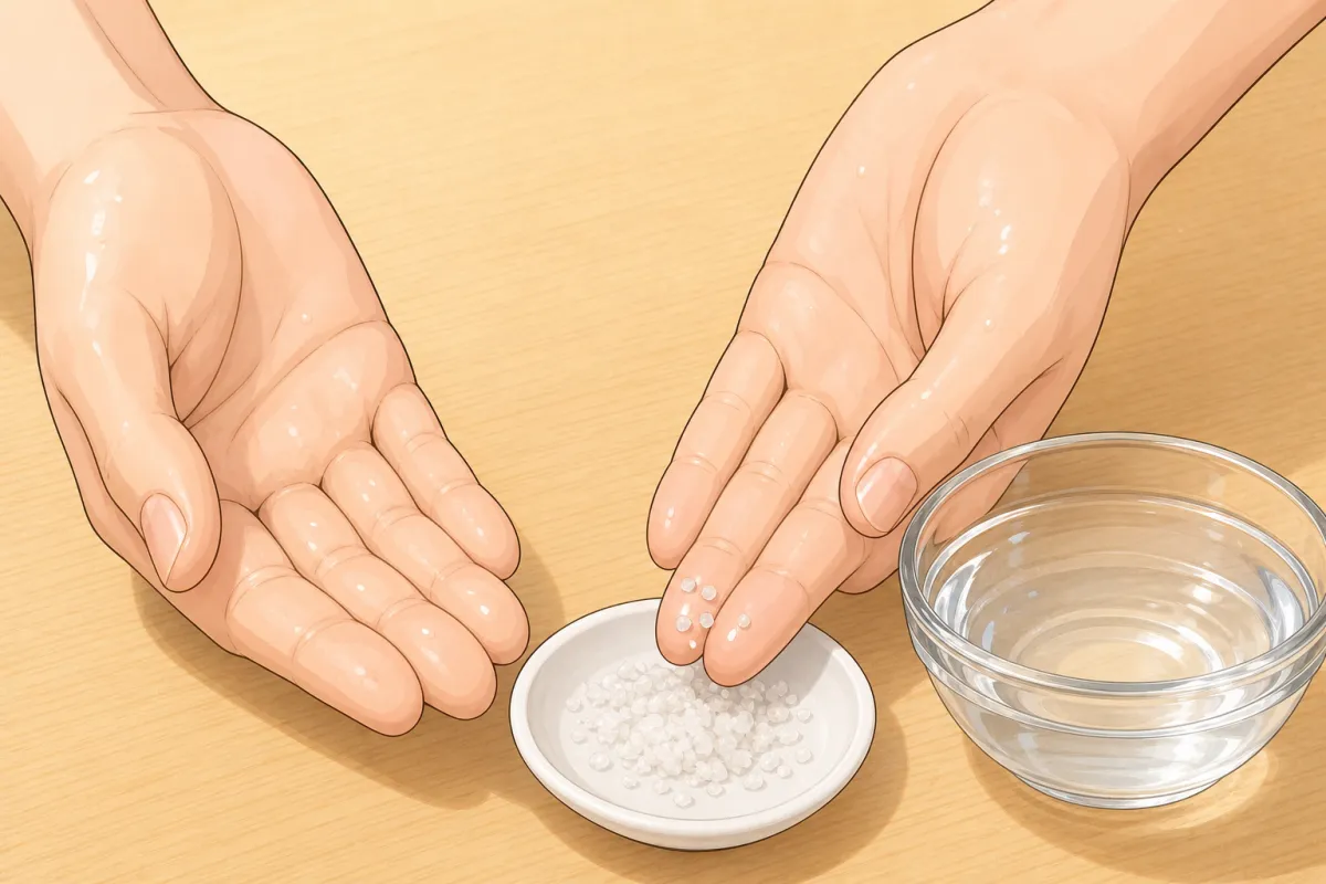 Wet palms, salt on the fingertips, rub it over both palms.