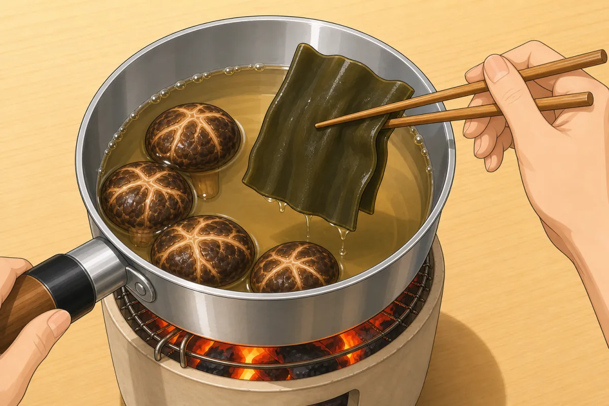 When tiny bubbles appear at the edge, lift the kombu out — before it boils.