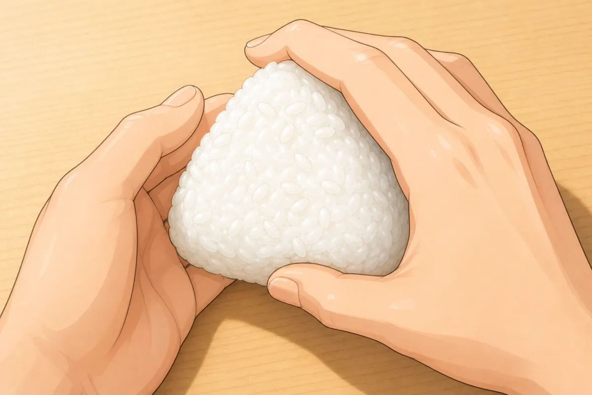 Right hand makes a roof; press gently, three corners — nothing sticking out.