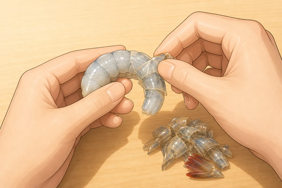 Peel the shell off — leave the tail OFF.