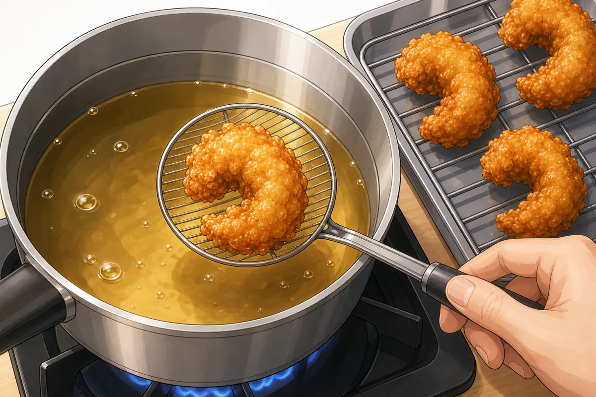 First fry until pale gold; rest; second fry until dark and crisp.