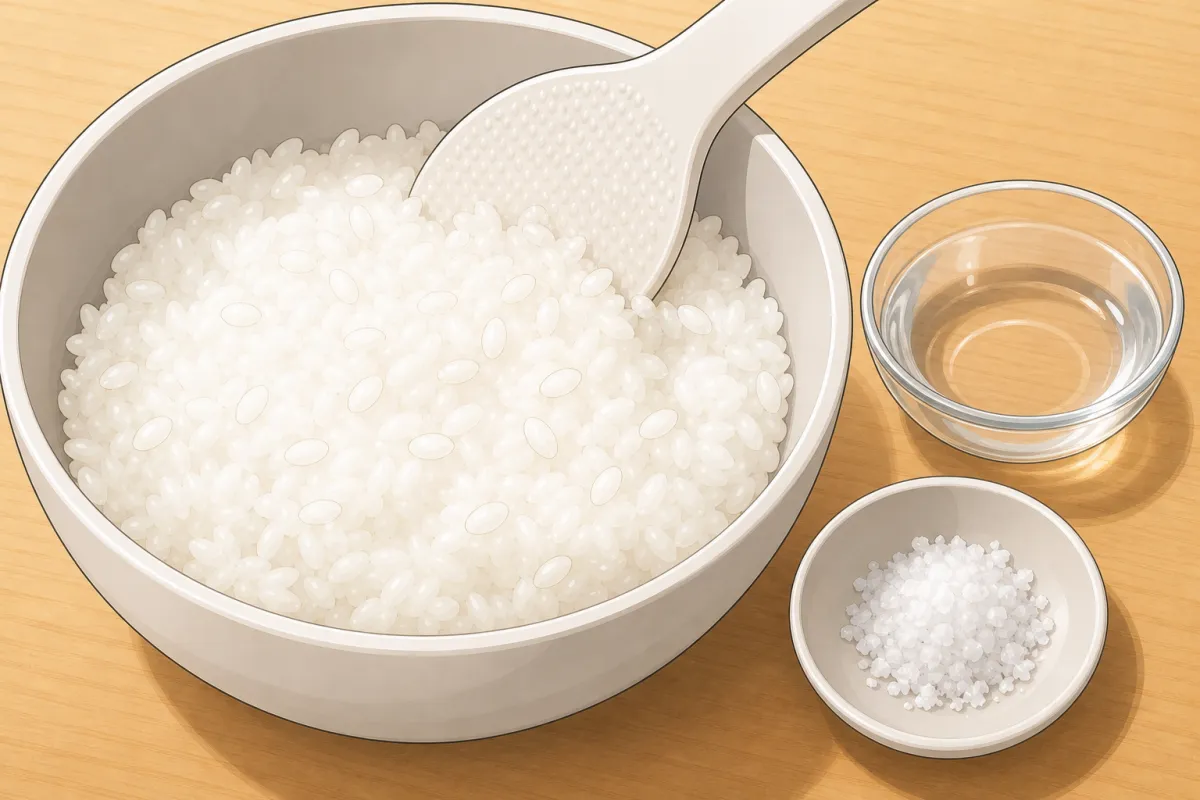 Warm rice, wet and salted hands