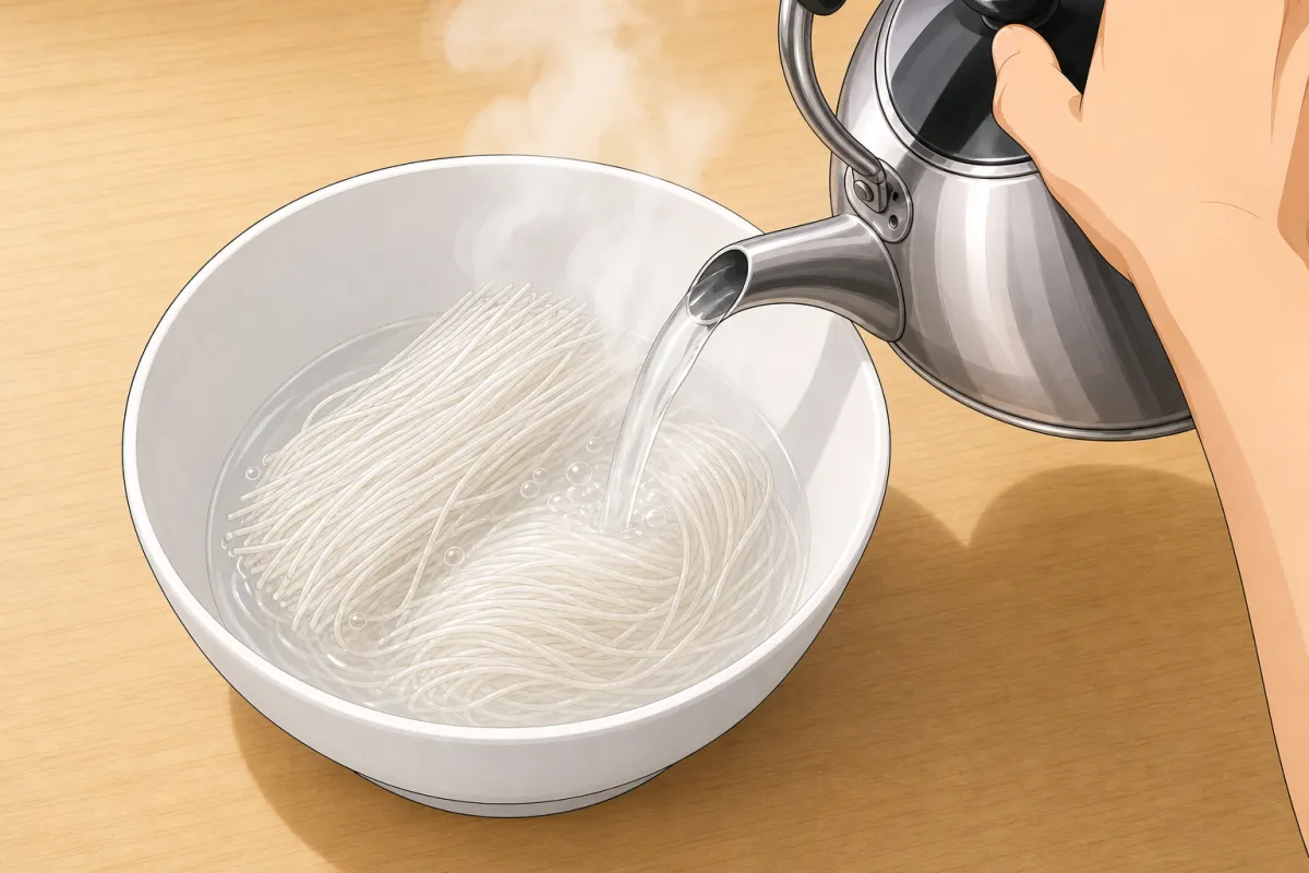 Soak the vermicelli in just-boiled water as the packet says, then drain.