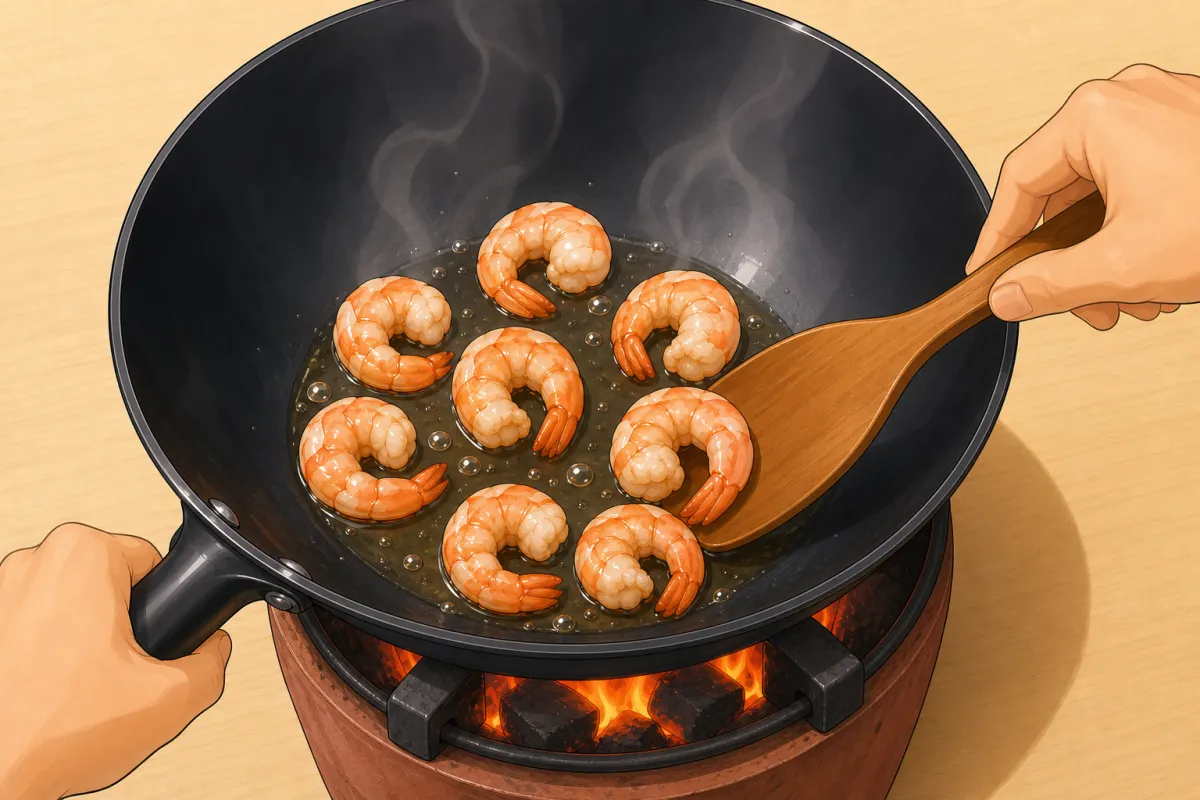 Cook the shrimp until they curl into a loose “C” — about 2½–3 minutes.