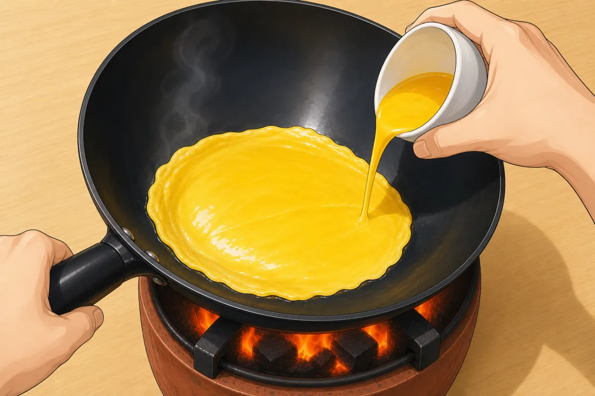 Pour in the egg and swirl it into a thin omelette.